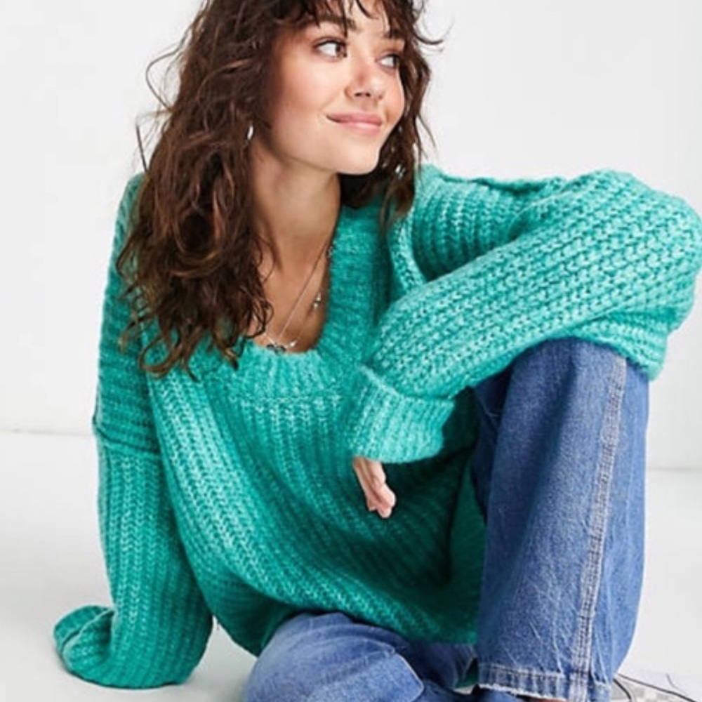 Free People Teal V-Neck Sweater